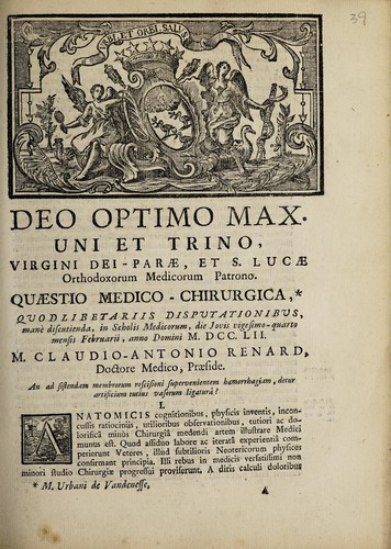 Quaestio medica-chirurgica ... An ad sistendam membrorum rescis[s]ioni supervenientem haemorrhagiam, detur artificium tutius vasorum ligatura?