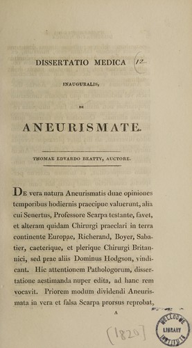 Dissertatio medica inauguralis, de aneurismate