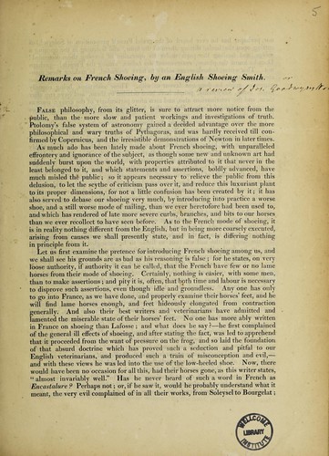 Remarks on French shoeing [or a review of Jos. Goodwin's work entitled The King's farrier]