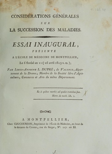 Considérations générales sur la succession des maladies. Essai inaugural