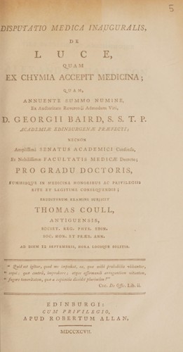 Disputatio medica inauguralis, de luce, quam ex chymia accepit medicina ...