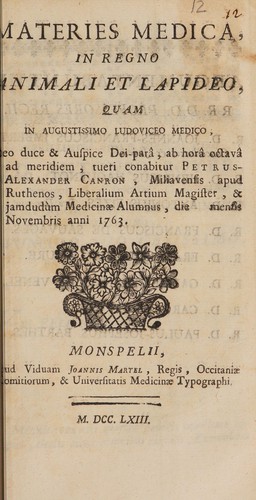 Materies medica in regno animali et lapideo