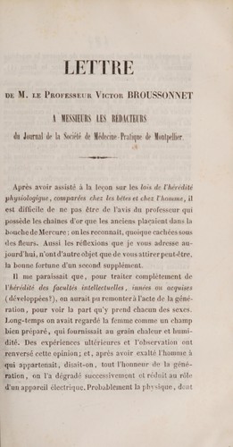 Lettre de M. le professeur Victor Broussonnet a messieurs les redacteurs du Journal de la Société de médecine-pratique de Montpellier