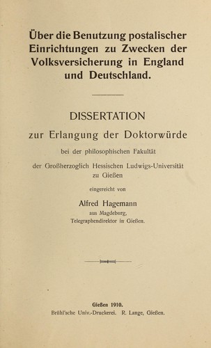 Über die Benutzung postalischer Einrichtungen zu Zwecken der Volksversicherung in England und Deutschland