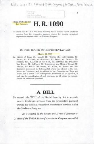 A bill to amend title XVIII of the Social Security Act to exclude cancer treatment services from the prospective payment system for hospital outpatient department services under the Medicare program