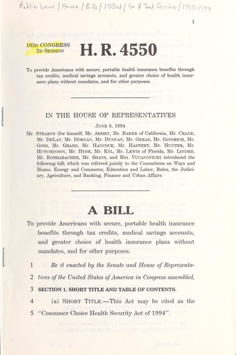A bill to provide Americans with secure, portable health insurance benefits through tax credits, medical savings accounts, and greater choice of health insurance plans without mandates, and for other purposes