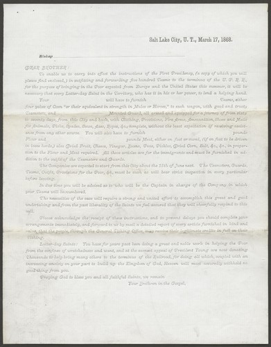 Bishop ..... Dear Brother : to enable us to carry into effect the instructions of the First Presidency ...
