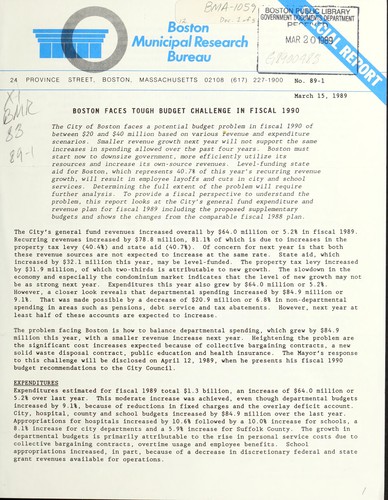 Boston faces tough budget challenge in fiscal 1990
