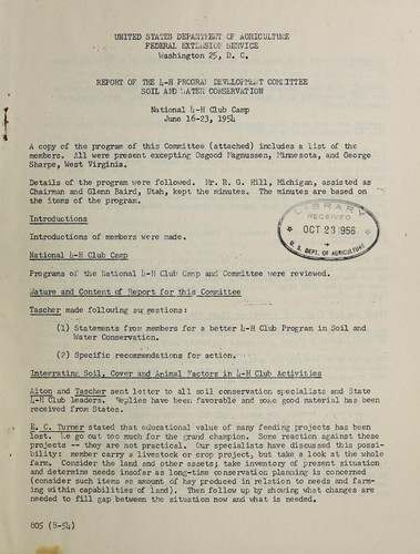 Report of the 4-H Program Development Committee, Soil and Water Conservation, National 4-H Club Camp, June 16-23, 1954