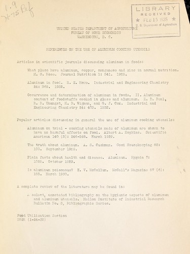 References on the use of aluminum cooking utensils