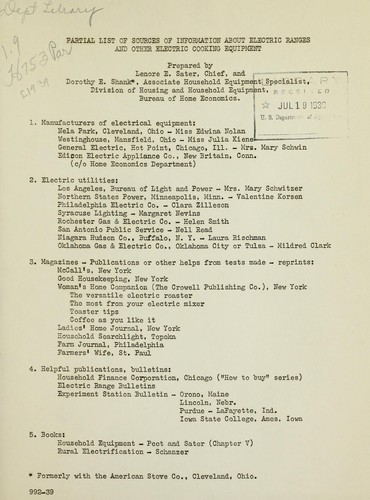 Partial list of sources of information about electric ranges and other electric cooking equipment