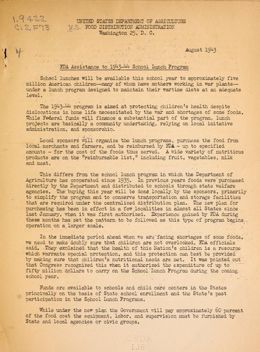 FDA assistance to 1943-44 school lunch program