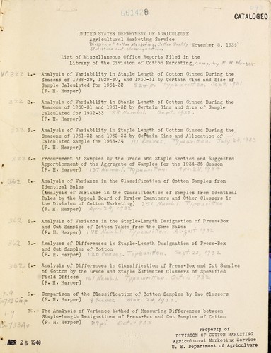 List of miscellaneous office reports filed in the Library of the Division of Cotton Marketing