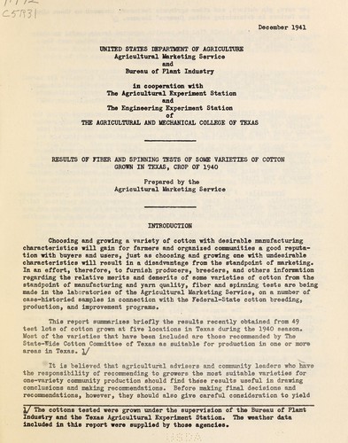Results of fiber and spinning tests of some varieties of cotton grown in Texas, crop of 1940 ...