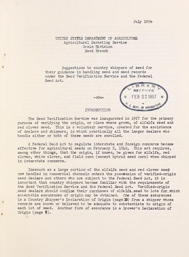 Suggestions to country shippers of seed for their guidance in handling seed and seed records under the Seed Verification Service and the Federal Seed Act