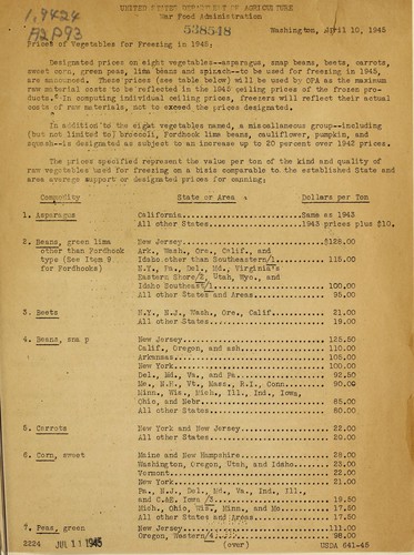 Prices of vegetables for freezing in 1945