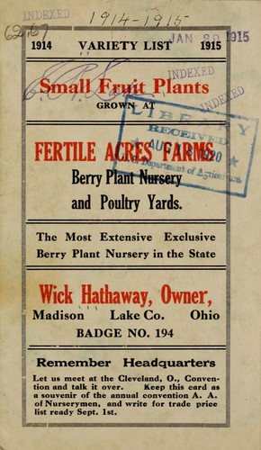 1914-1915 variety list [of] small fruit plants grown at fertile acres farms, berry plant nursery and poultry yards