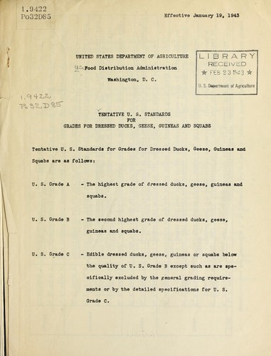 Tentative U.S. standards for grades for dressed ducks, geese, guineas and squabs