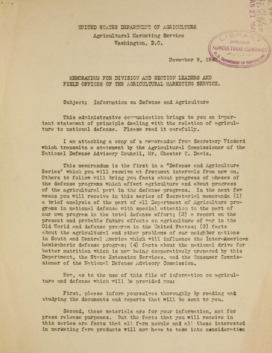 Memorandum for Division and Section leaders and Field Officers of the Agricultural Marketing Service