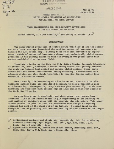 Power requirements for high-capacity cotton gins in the Yazoo-Mississippi Delta