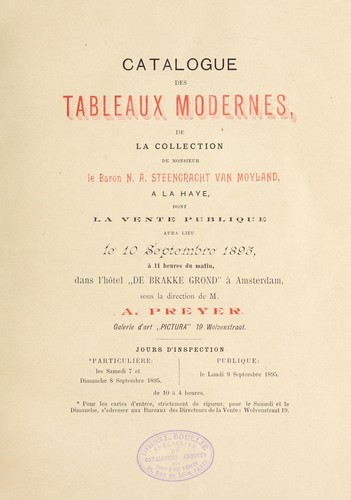 Catalogue des tableaux modernes de la collection de Monsieur le Baron A. Steengracht van Moyland