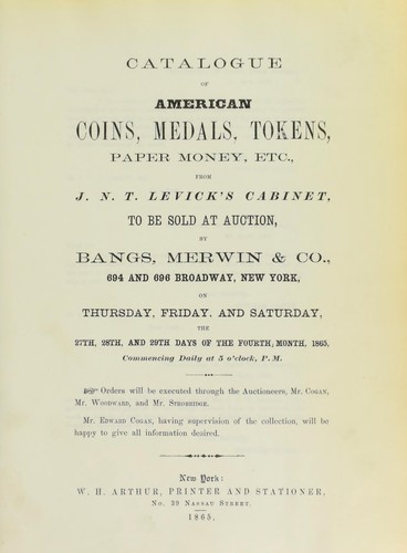 Catalogue of American coins, medals, tokens, paper money, etc