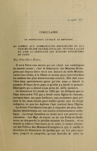 Circulaire de Monseigneur l'évêque de Montréal au clergé aux communautes religeuses et aux fidèles de son diocèse pour les inviter à aller en aide au Séminaire des missions étrangères de Paris