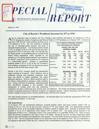 City of Boston's workforce increases by 297 in 1994