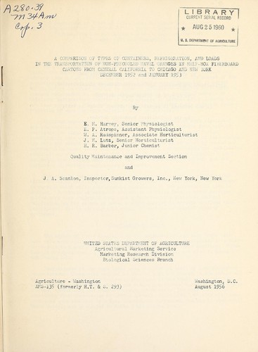 A Comparison of types of containers, refrigeration, and loads in the transportation of non-precooled navel oranges in half-box fiberboard cartons from central California to Chicago and New York, December 1952, and January 1953