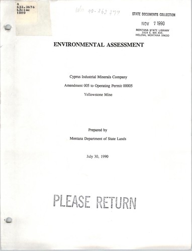 Cyprus Industrial Mineral Company amendment 005 to operating permit 00005, Yellowstone Mine