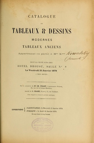 Catalogue de tableaux & dessins modernes, tableaux anciens appartenant en partie à Mme. K... [Kowalsky]