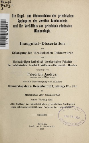 Die Engel- und Dämonenlehre der griechischen Apologeten des zweiten Jahrhunderts und ihr Verhältnis zur griechisch-römischen Dämonologie