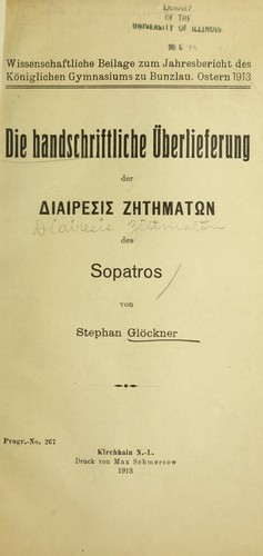 Die handschriftliche Überlieferung der [diairesis zētēmatōn] des Sopatros