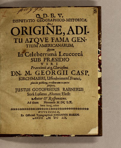 Disputatio geographico-historica. De origine, aditu atqve fama gentium Americanarum
