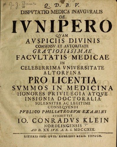 Disputatio medica inauguralis de Junipero