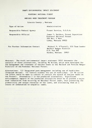 Draft environmental impact statement, Kootenai National Forest noxious weed treatment program, Lincoln County, Montana