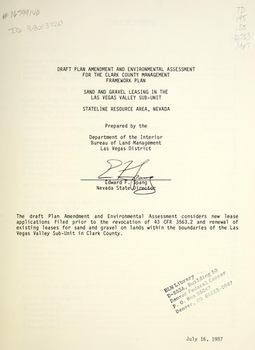 Draft plan amendment and environmental assessment for the Clark County management framework plan