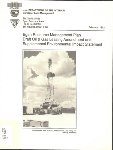 Egan resource management plan, draft oil and gas leasing amendment and supplemental environmental impact statement