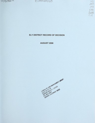 Ely District record of decision and approved resource management plan