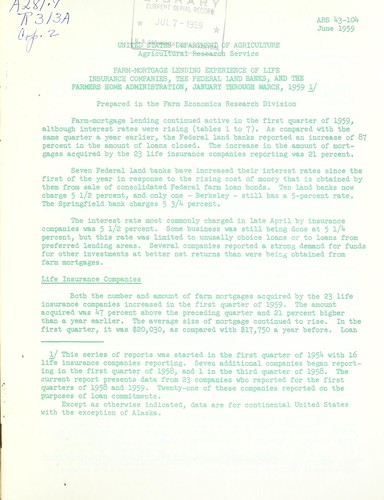 Farm-mortgage lending experience of life insurance companies, the federal land banks, and the Farmers Home Administration, January through March, 1959