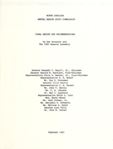 Final report and recommendations to the Governor and the 1985 General Assembly