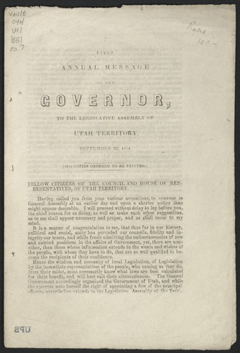 First annual message of the Governor, to the Legislative Assembly of Utah Territory, September 22, 1851