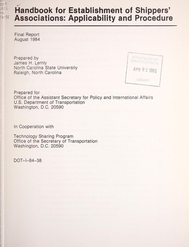 Handbook for establishment of shippers' associations