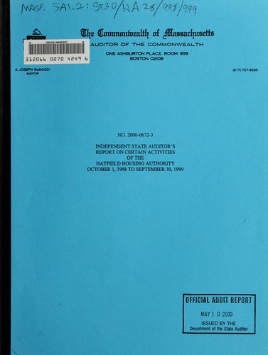 Independent state auditor's report on certain activities of the Hatfield Housing Authority