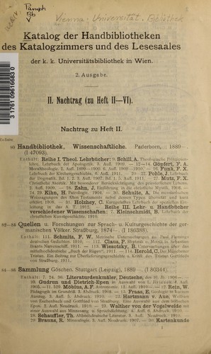 Katalog der Handbibliotheken des Katalogzimmers und des Lesesaales der K.K. Universitätsbibliothek in Wien