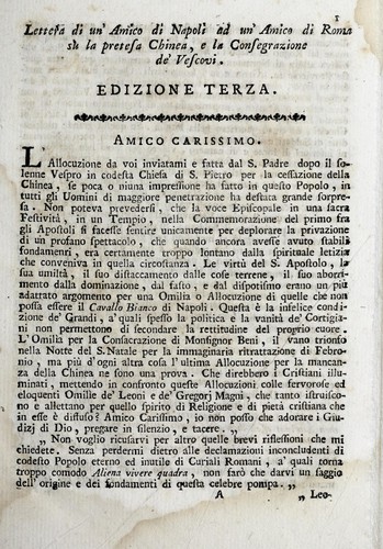 Lettera di un' amico di Napoli ad un' amico di Roma su la pretesa chinea, e la consegrazione de'  vescovi