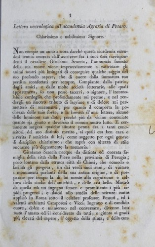 Lettera necrologica all'accademia Agraria di Pesaro