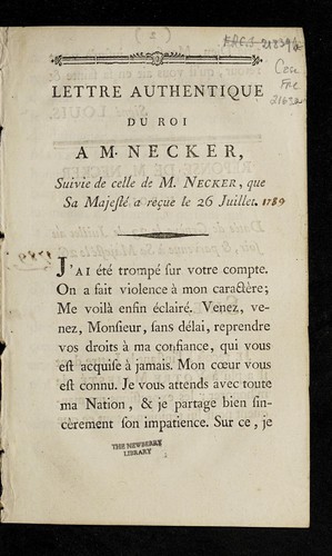 Lettre authentique du roi a M. Necker