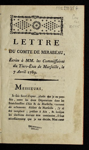 Lettre du comte de Mirabeau, e crite a   MM. les commissaires du Tiers-E tat de Marseille, le 7 avril 1789