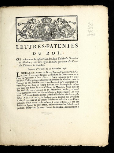 Lettres-patentes du roi, qui ordonnent la distraction des bois taillis du domaine de Meudon, pour e tre re gis de me me que ceux des parcs du cha teau de Meudon